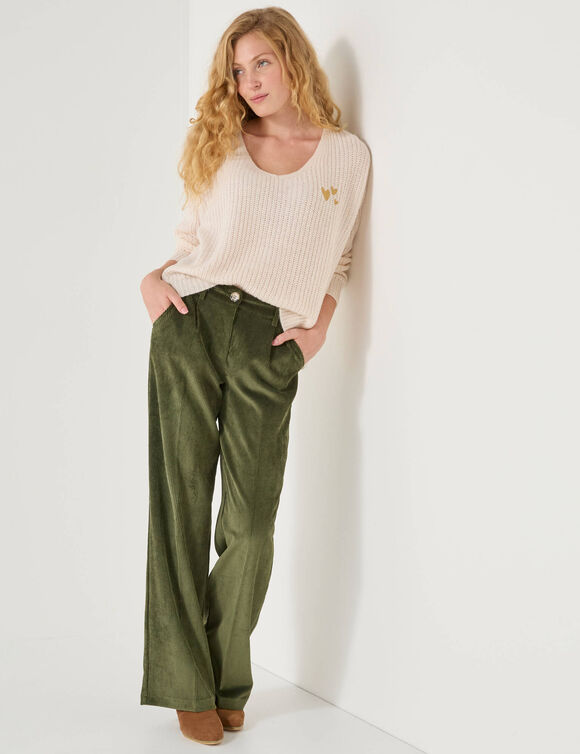 Pull loose col V cœurs brodés, maille anglaise toucher doux (écru)