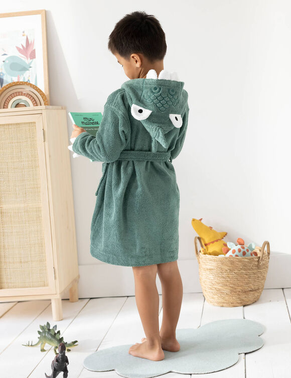 Gepersonaliseerde badjas met capuchon voor kinderen met dinosaurusmotief - badstof 340 g/m&sup2; (eucalyptus)