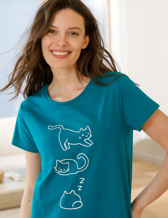 Kort nachthemd met korte mouwen, met kattenprint &ndash; set van 2 (laguneblauw + smaragd)