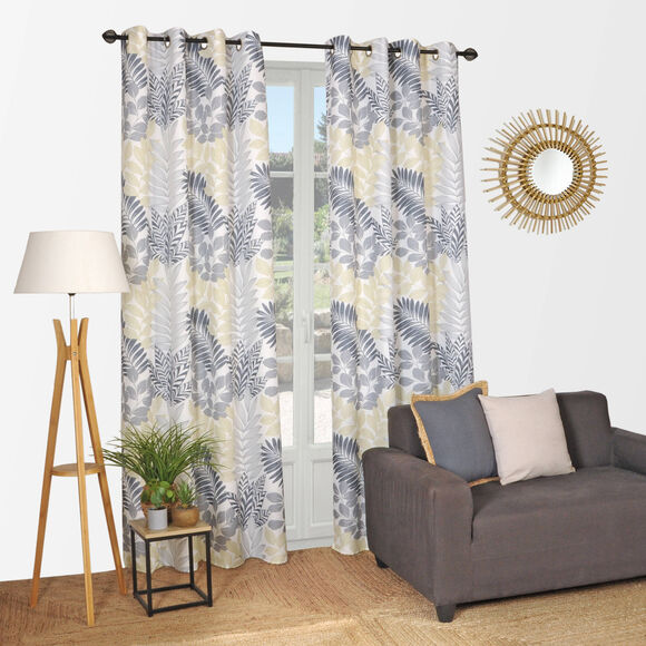 Rideau &agrave; &oelig;illets, imprim&eacute; feuillage bicolore (gris / anis)