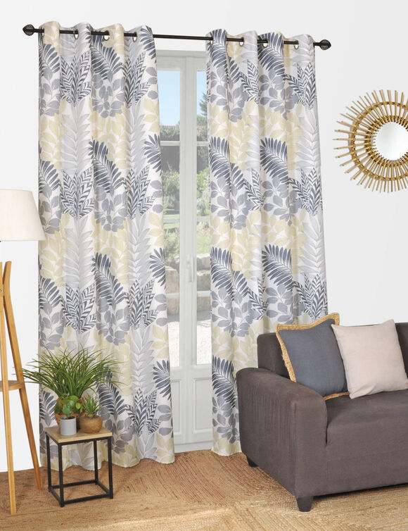 Rideau &agrave; &oelig;illets, imprim&eacute; feuillage bicolore (gris / anis)