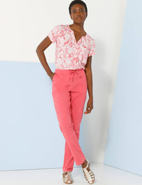Pantalon fuselé fluide, lin-coton (rose)