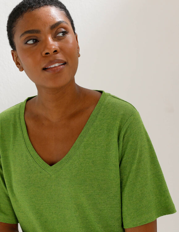 T-shirt col V en lin m&eacute;lang&eacute;, manches courtes (vert)