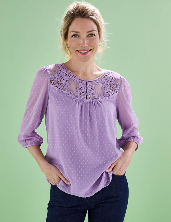 Blouse macramé unie, voile plumetis (parme)