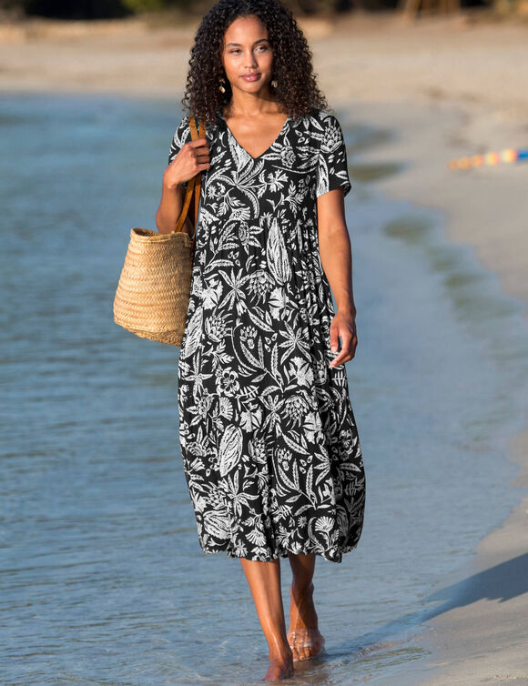 Robe longue imprim&eacute;e col V, cr&eacute;pon (noir / blanc)