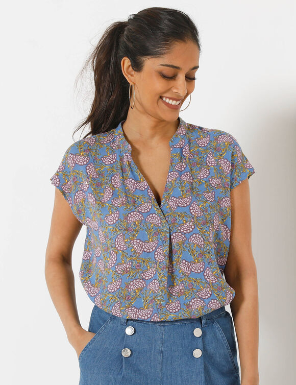 Blouse col tunisien sans manches, cr&eacute;pon (bleu / parme)
