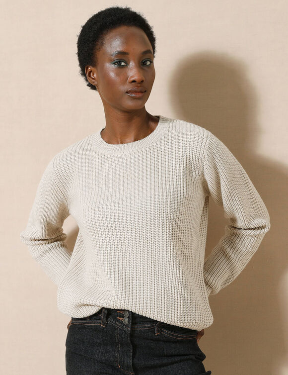 Pull col rond maille anglaise (beige chiné)