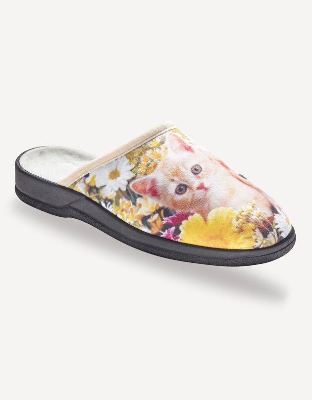 Pantoffels met "poes" fotoprint (beige)