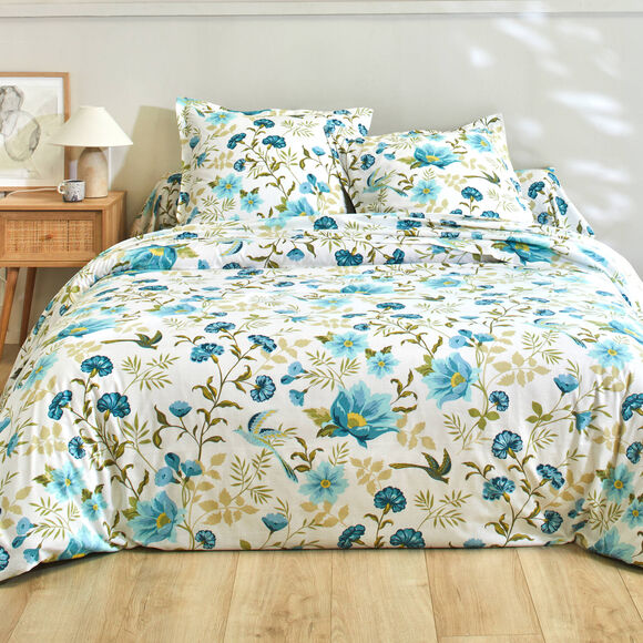 Linge de lit Lola imprimé fleuri - en coton (bleu / blanc)