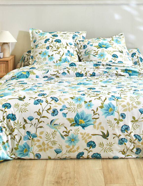 Bedlinnen Lola met bloemenprint - in katoen (blauw / wit)