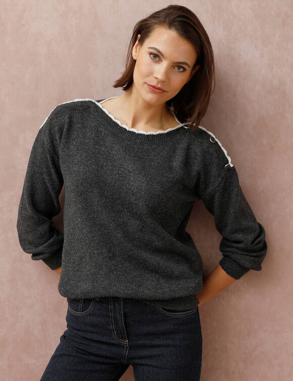 Pull col bateau, maille moelleuse (anthracite chin&eacute;)