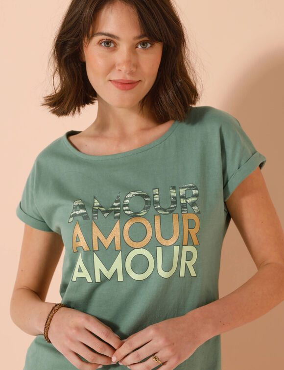 T-shirt imprimé "amour", manches à revers (vert grisé)