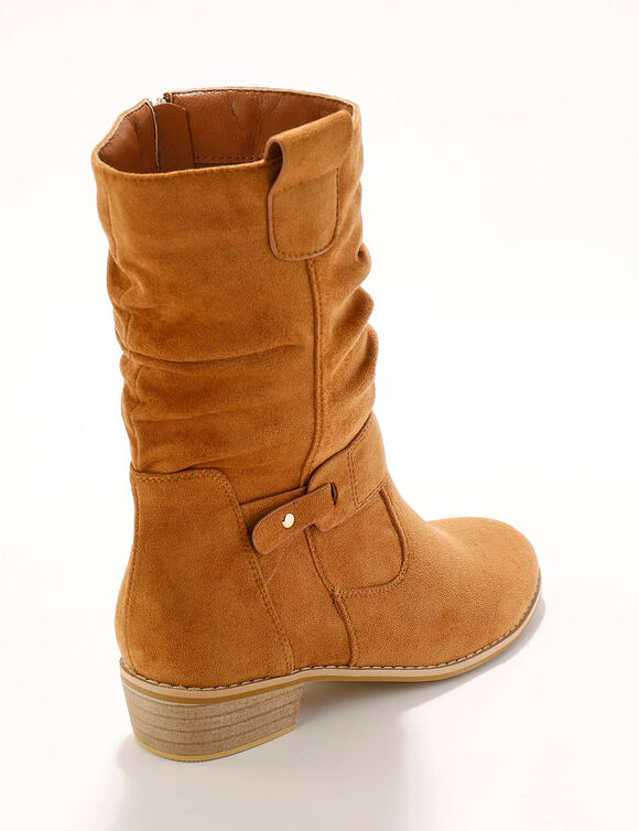 Bottes mi-hautes pliss&eacute;es &agrave; petit talon effet bois (caramel)