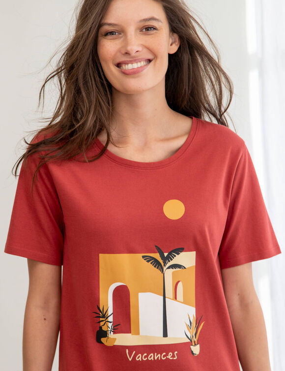 Kort nachthemd in katoen met vakantieprint en korte mouwen (tomette)