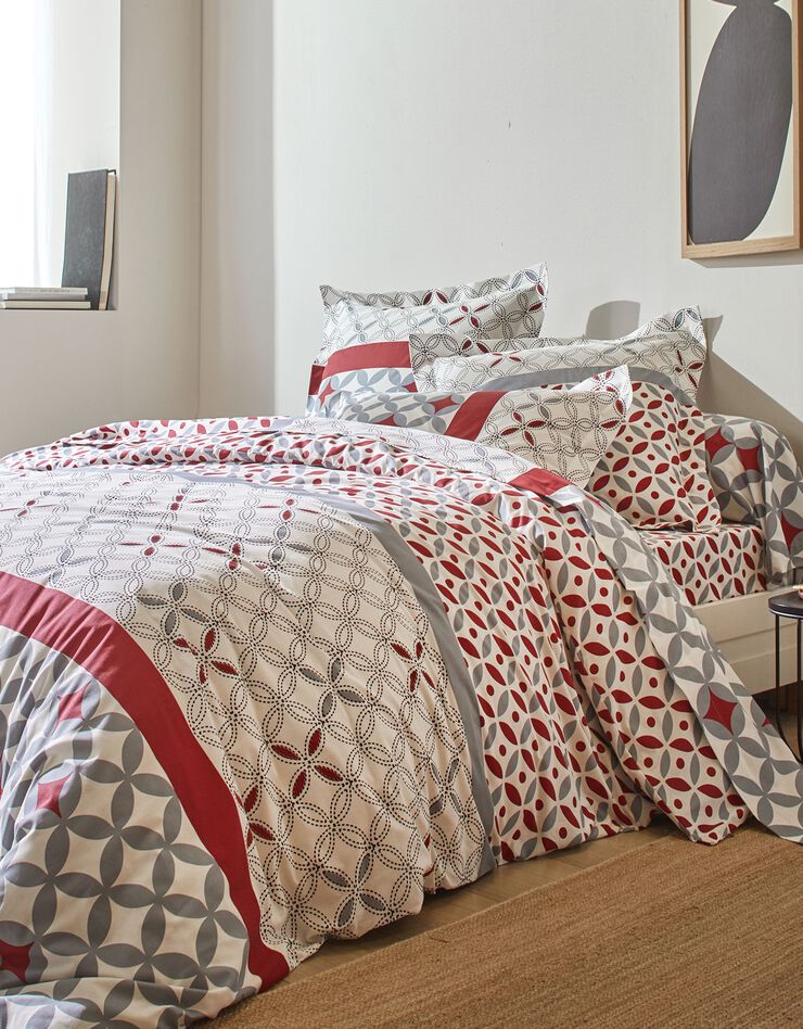 Linge de lit Marlow en coton à motifs géométriques (gris / rouge)