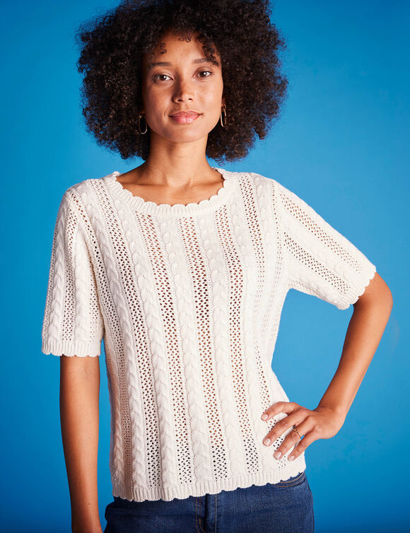 Pull festonné col rond manches coudes, maille ajourée fantaisie (écru)