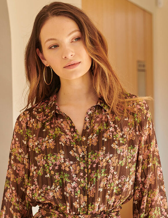 Lange blousejurk van jacquardvoile met floraal bedrukking (chocolade / groen)