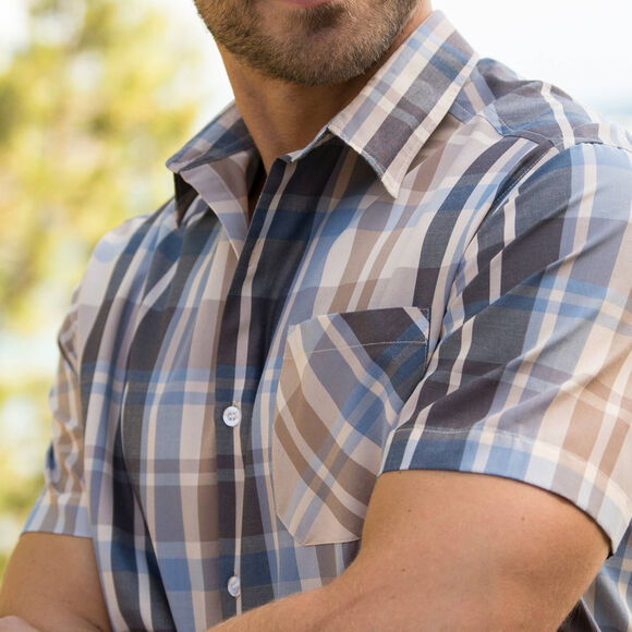 Geruit overhemd van polykatoen met korte mouwen (blauw / beige)