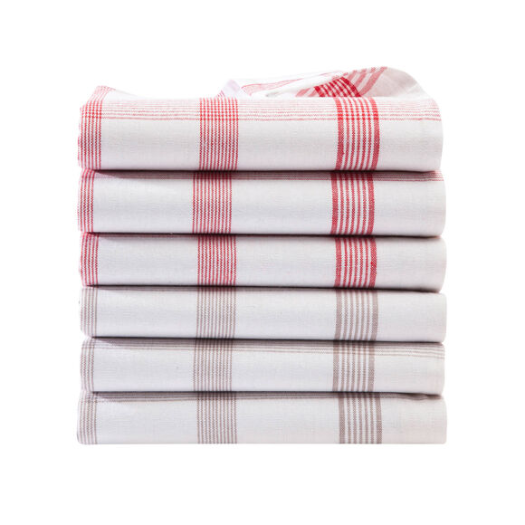 Geruite droogdoeken met ingeweven motieven - sets (vlaskleur + rood)
