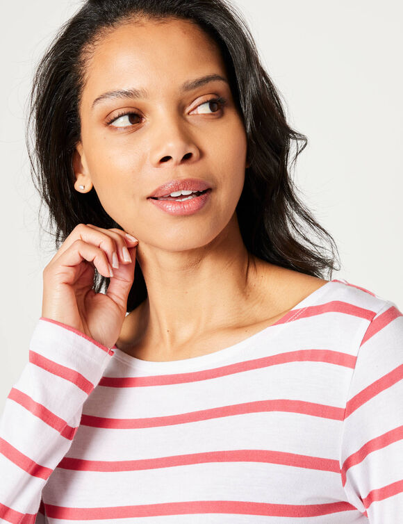 T-shirt marinière manches longues, coton biologique(**) (blanc / corail)