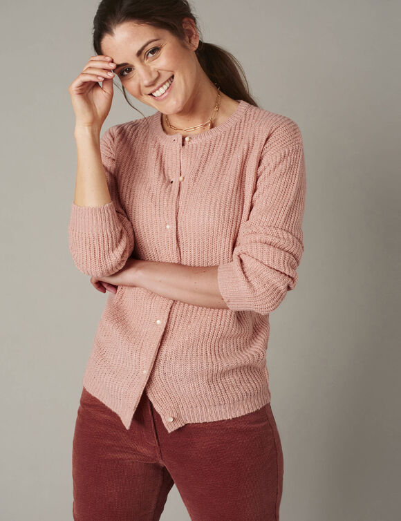 Cardigan boutons perles fantaisie, maille anglaise toucher doux (rose poudré)