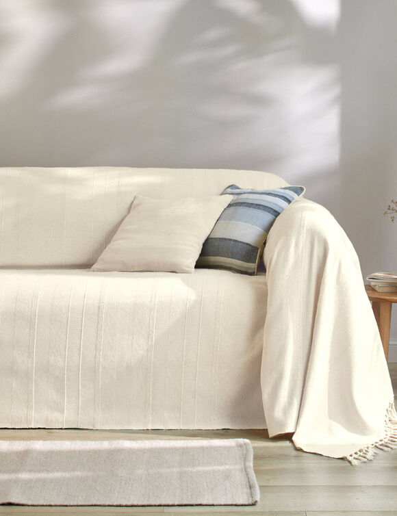 Plaid of sprei, effen katoen met artisanaal weefsel (ecru)