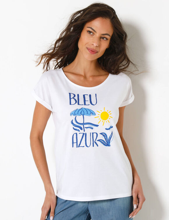 T-shirt col rond manches courtes, imprim&eacute; plac&eacute; "Bleu azur" (blanc / bleu)