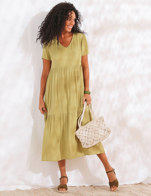 Robe col V longue unie, crépon (vert mousse)