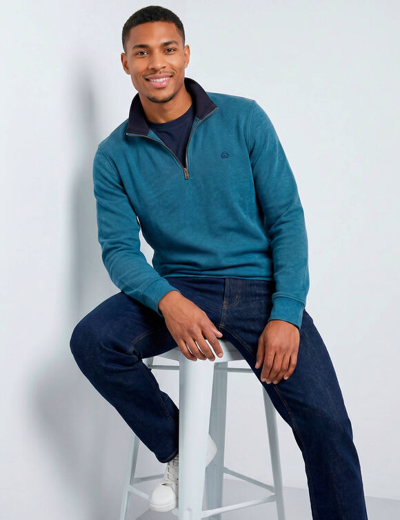 Warm sweatshirt met hoge kraag en ritssluiting, van geribd tricot (oceaanblauw)