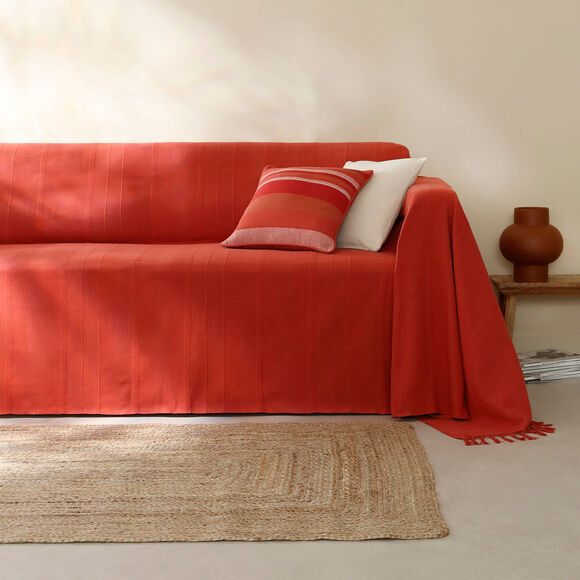   Plaid ou jeté uni coton tissage artisanal (terracotta)