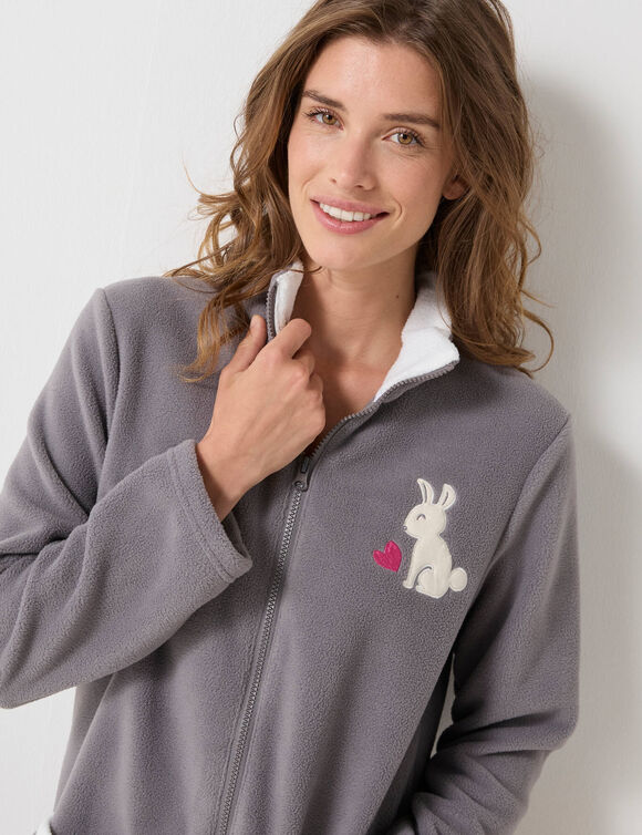 Halflange kamerjas met rits, in fleece, 'konijn' borduursel (grijs / ecru)