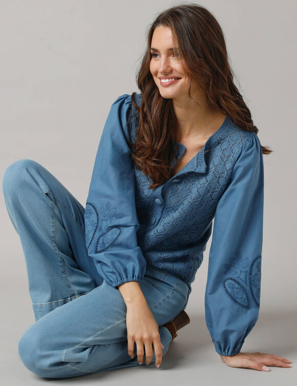 Gilet 2en1 bi matière, maille ajourée et manches brodées coton (bleu)