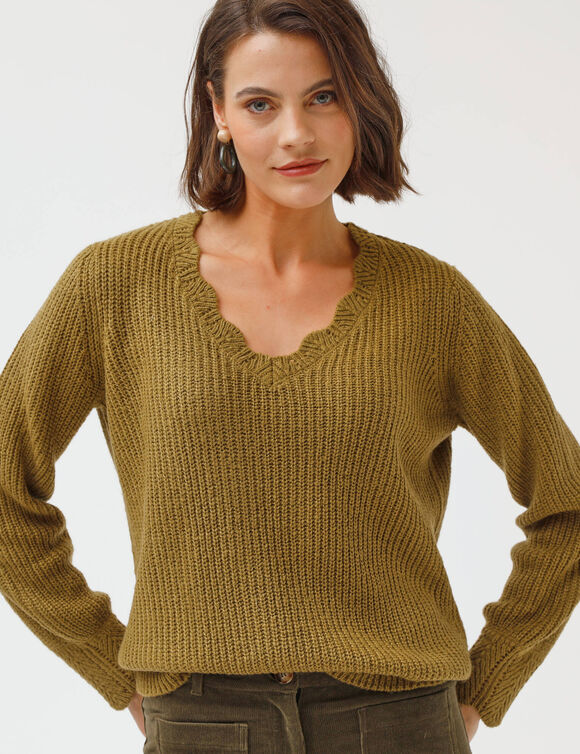 Trui met V-hals, patenttricot (olijfgroen)