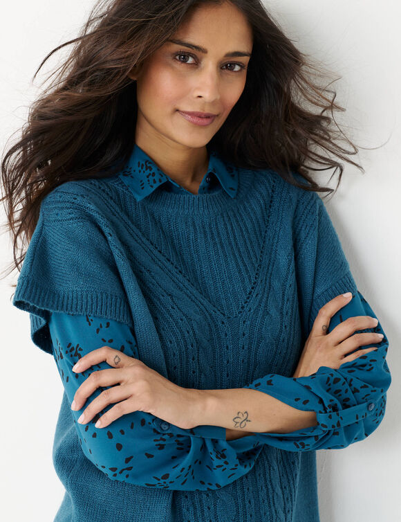 Pull-tunique sans manches, maille fantaisie (bleu canard)