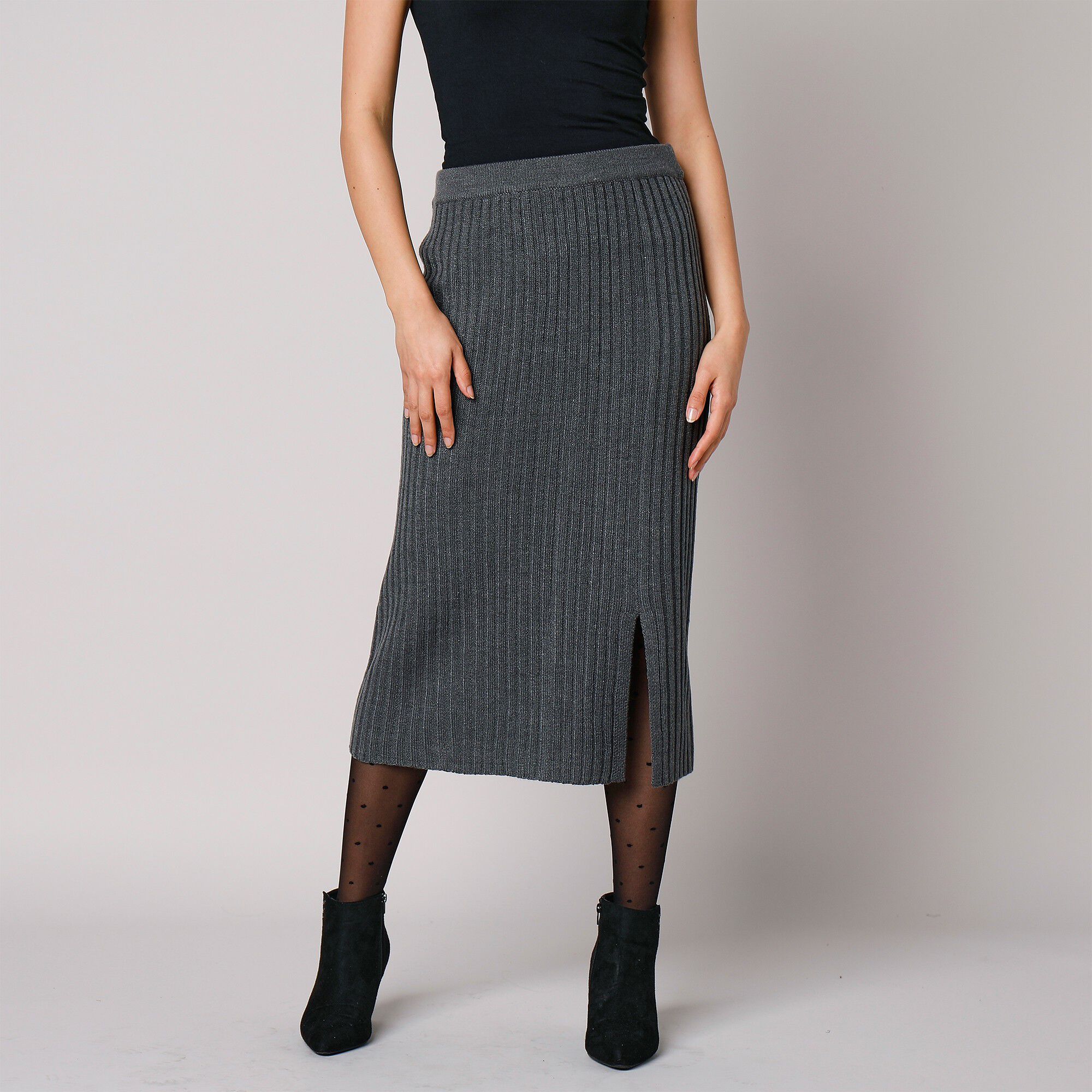 Jupe mi longue fendue maille c tel e anthracite Blancheporte