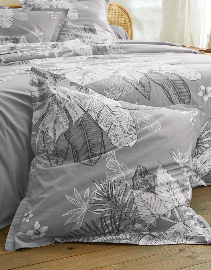 Linge de lit Elyse en coton imprimé fleurs et feuilles de palmes, gris Linge de lit Elyse en coton imprimé fleurs et feuilles de palmes, gris, hi-res image number 1
