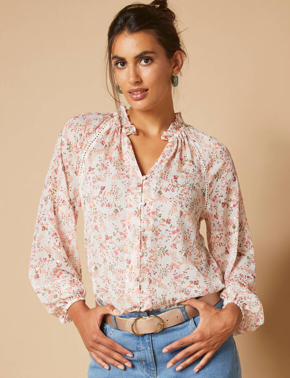 Chemise voile imprimé fleuri, surimpression dorée (écru / rose)