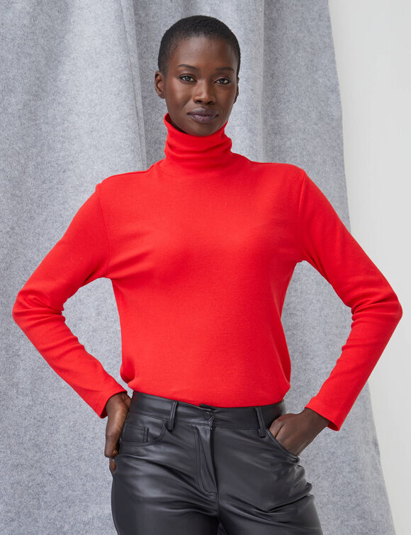 Sous-pull col roul&eacute; en maille c&ocirc;tel&eacute;e, uni (rouge)
