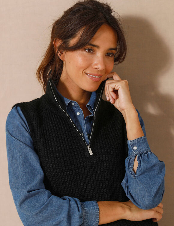 Pull tunique en côte sans manches, col montant zippé (noir)