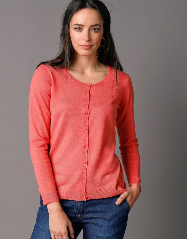 Cardigan boutonné col rond uni toucher cachemire (corail)