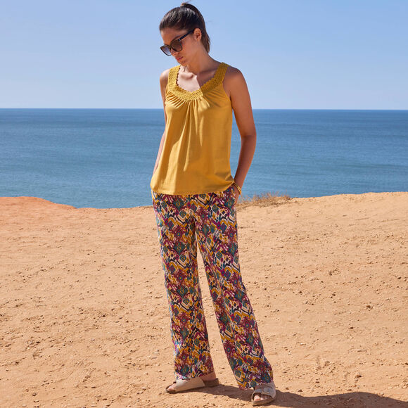 Pantalon large imprim&eacute;, taille &eacute;lastiqu&eacute;e (mangue)