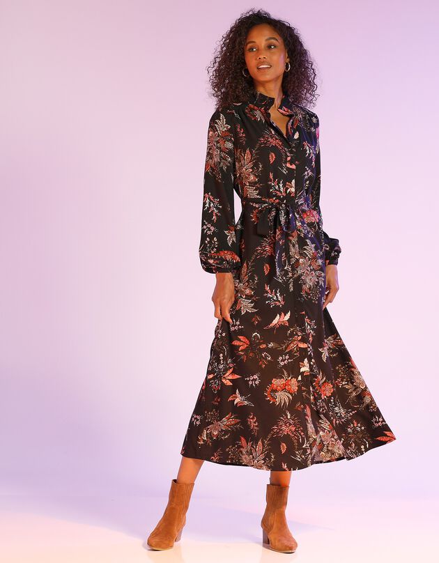 Robe chemisier longue – bas évasé (noir / paprika)