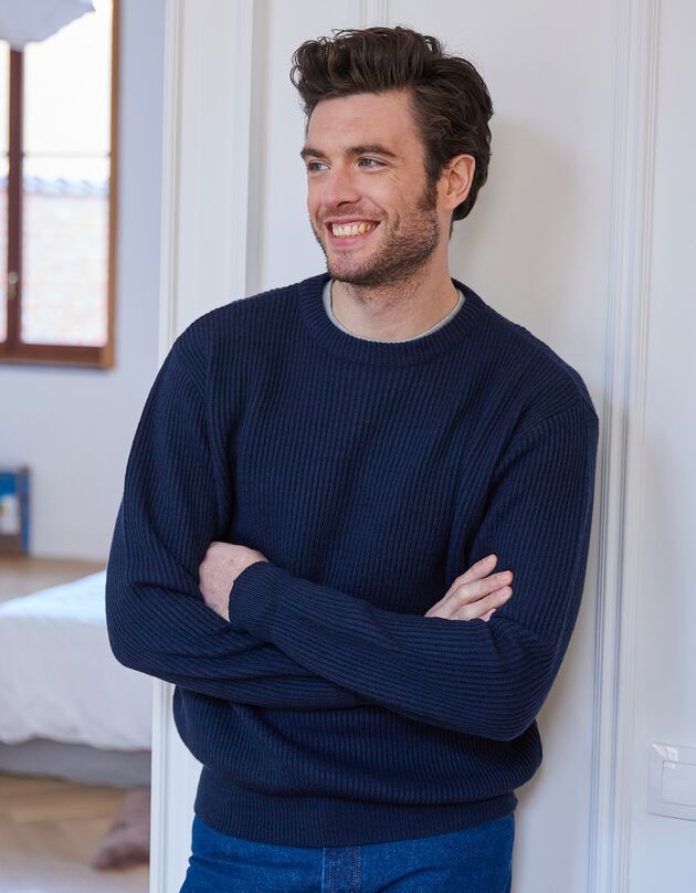 Pull col rond côte anglaise 30% laine (marine) Pull col rond côte anglaise 30% laine (marine)