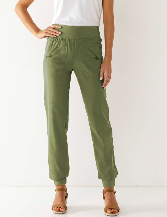 Pantalon blousant taille &eacute;lastiqu&eacute;e, lin coton (vert gris&eacute;)