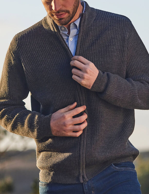 Gilet zipp&eacute; c&ocirc;te anglaise 30% laine (gris anthracite)