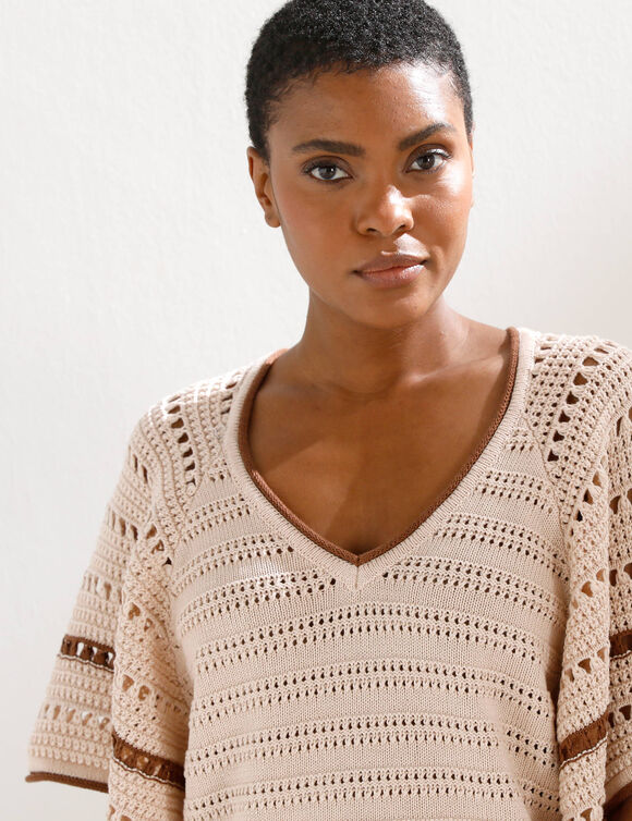 Trui met korte vlindermouwen, fantasietricot (grijsbeige / karamel)