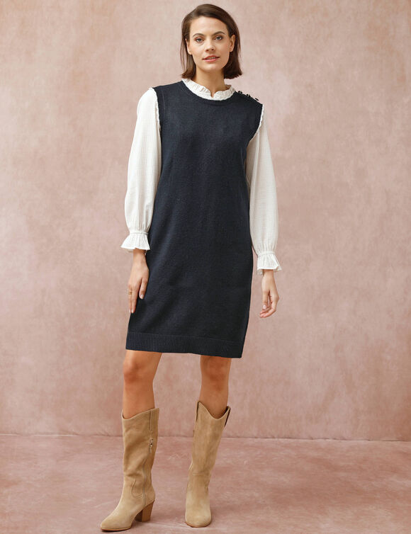Robe pull sans manches, finitions contrastantes (marine)