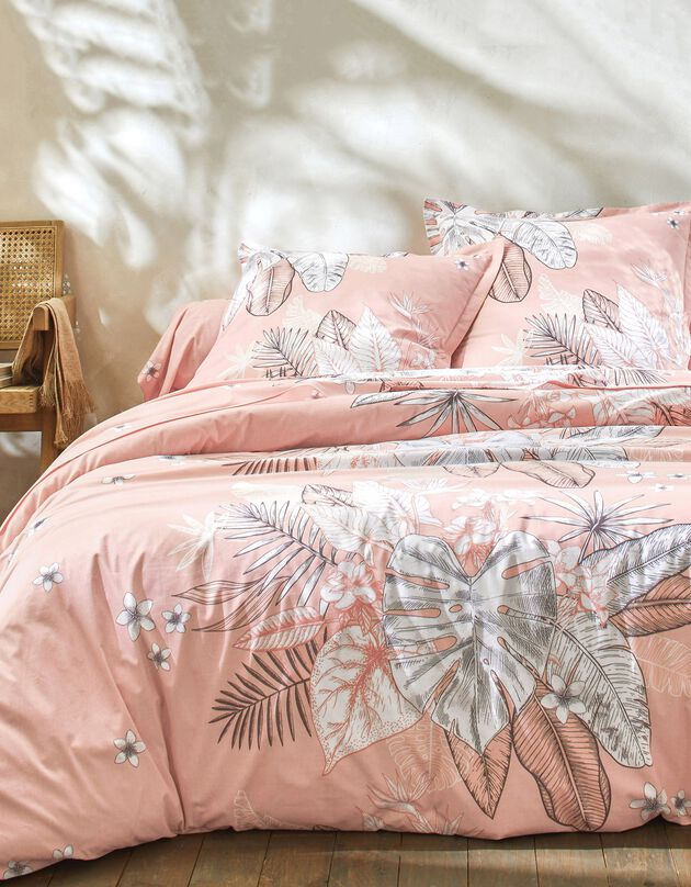Linge de lit Elyse en coton imprimé fleurs et feuilles de palmes, rose poudré, hi-res