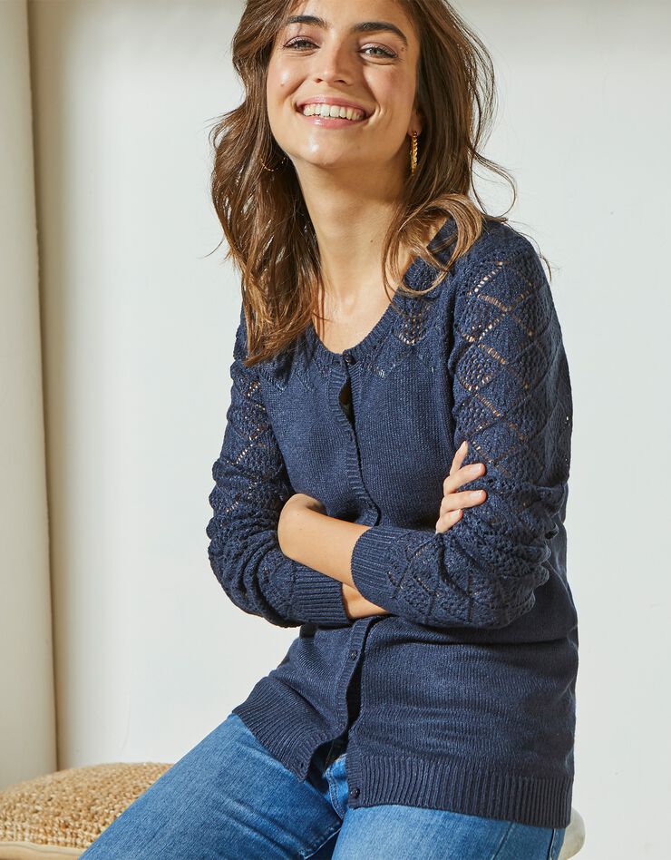 Cardigan in ajourtricot, marine Cardigan in ajourtricot, marine, hi-res image number 0