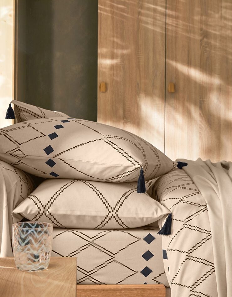 Linge de lit Massai coton à motifs graphiques et finitions pompons, beige, hi-res image number 1
